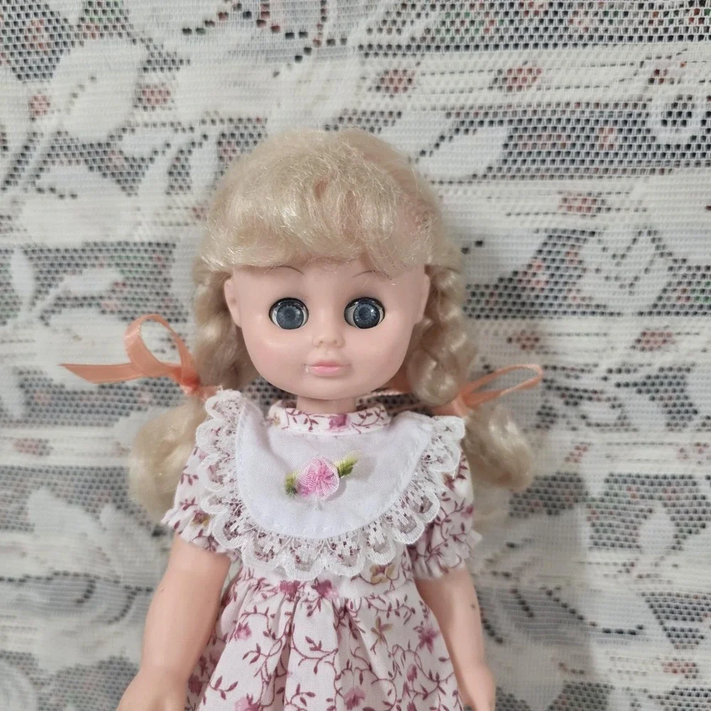 Vintage 1985 Cititoy 8 In Play Doll Blonde Braids Blue Eyes Pink Floral Dress